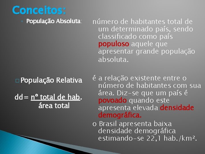 Conceitos: ◦ População Absoluta: � População Relativa dd= nº total de hab. área total