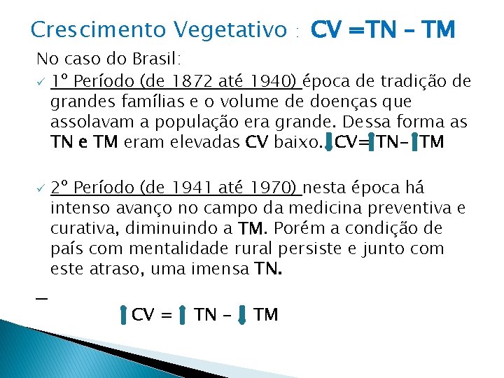 Crescimento Vegetativo : CV =TN – TM No caso do Brasil: ü 1º Período