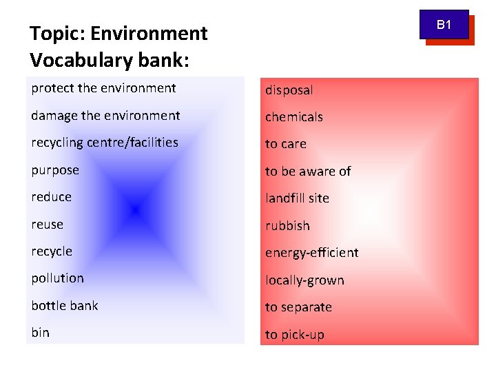 B 1 Topic: Environment Vocabulary bank: protect the environment disposal damage the environment chemicals