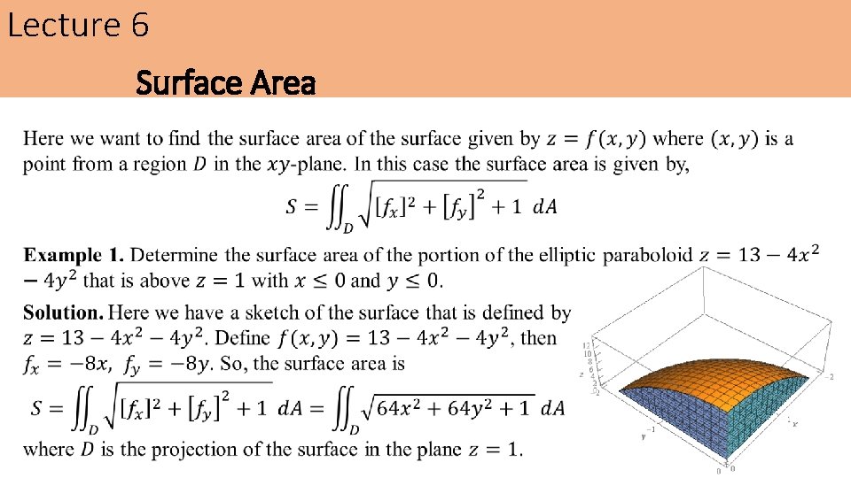 Lecture 6 Surface Area Lecture 6 Surface Area