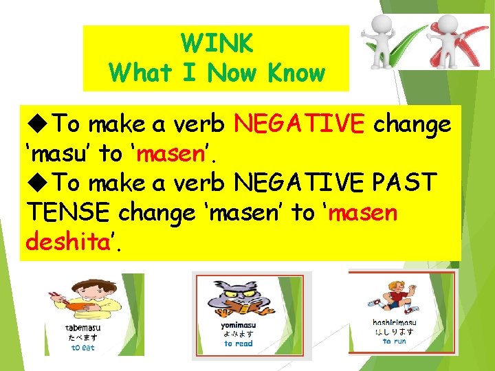 WINK What I Now Know To make a verb NEGATIVE change ‘masu’ to ‘masen’.