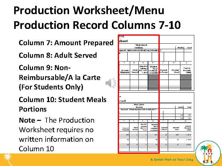 Production Worksheet/Menu Production Record Columns 7 -10 Column 7: Amount Prepared Column 8: Adult