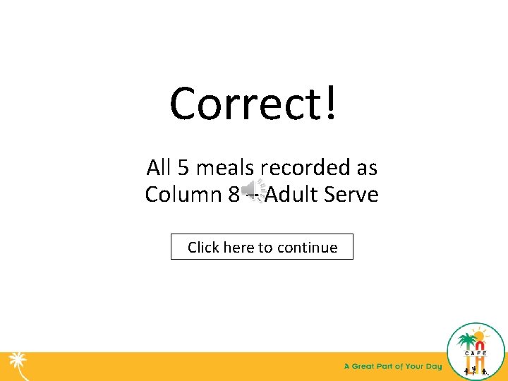 Correct! All 5 meals recorded as Column 8 – Adult Serve Click here to