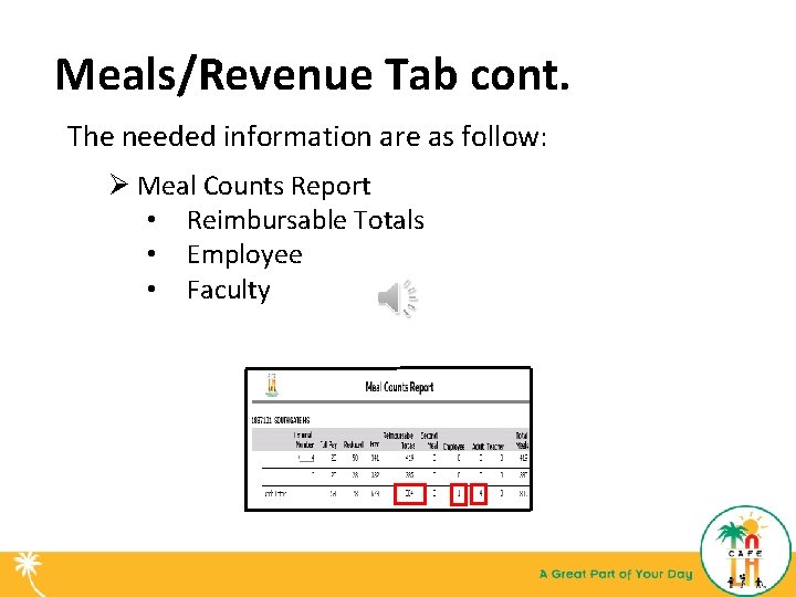Meals/Revenue Tab cont. The needed information are as follow: Ø Meal Counts Report •