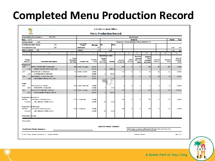 Completed Menu Production Record 