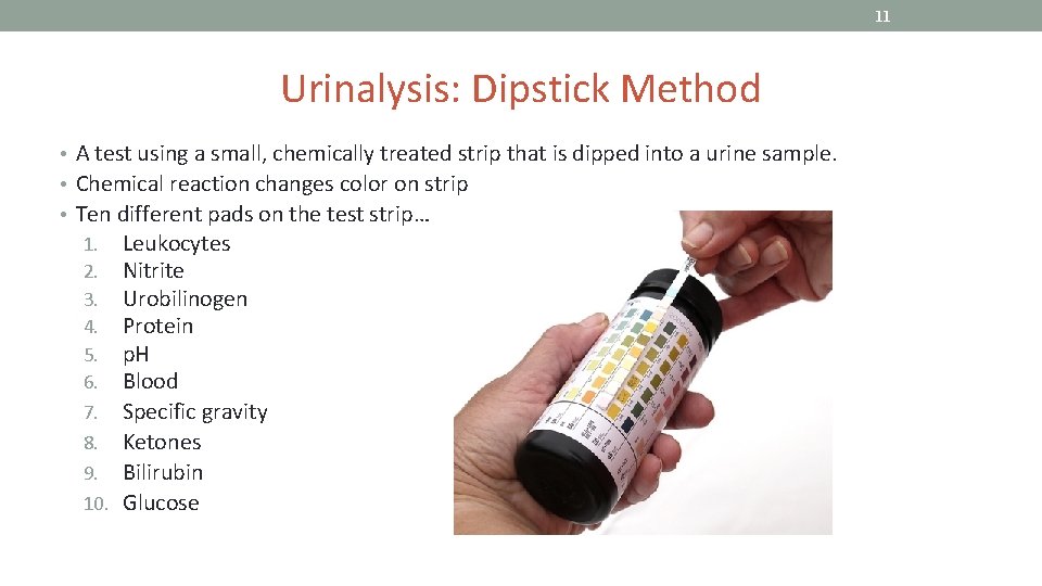 11 Urinalysis: Dipstick Method • A test using a small, chemically treated strip that