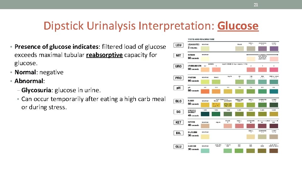 21 Dipstick Urinalysis Interpretation: Glucose • Presence of glucose indicates: filtered load of glucose