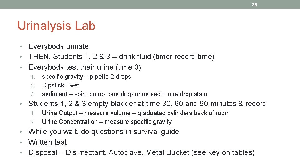 35 Urinalysis Lab Everybody urinate • THEN, Students 1, 2 & 3 – drink