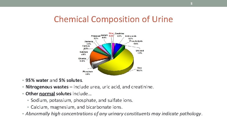 8 Chemical Composition of Urine • 95% water and 5% solutes. • Nitrogenous wastes