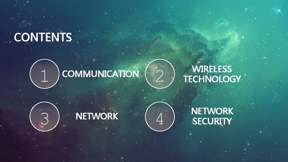 CONTENTS 1 3 COMMUNICATION NETWORK 2 WIRELESS TECHNOLOGY 4 NETWORK SECURITY 