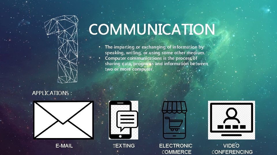 COMMUNICATION • • The imparting or exchanging of information by speaking, writing, or using