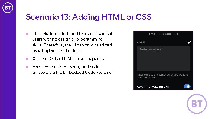 Scenario 13: Adding HTML or CSS ● The solution is designed for non-technical users