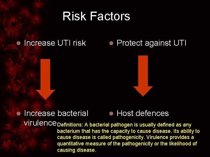 Risk Factors l Increase UTI risk l Increase bacterial l Host defences virulence Definitions:
