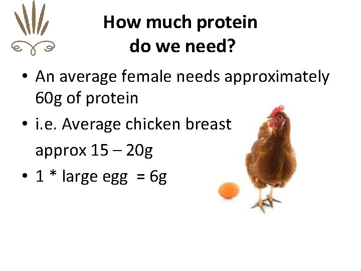 How much protein do we need? • An average female needs approximately 60 g
