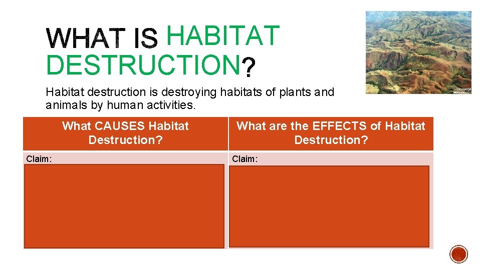 HABITAT DESTRUCTION Habitat destruction is destroying habitats of plants and animals by human activities.