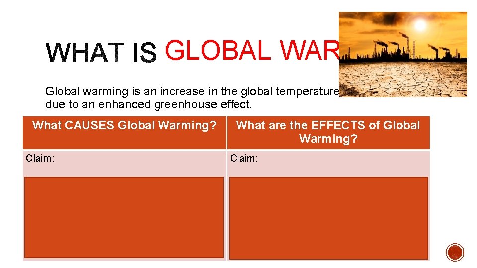 GLOBAL WARMING Global warming is an increase in the global temperatures due to an