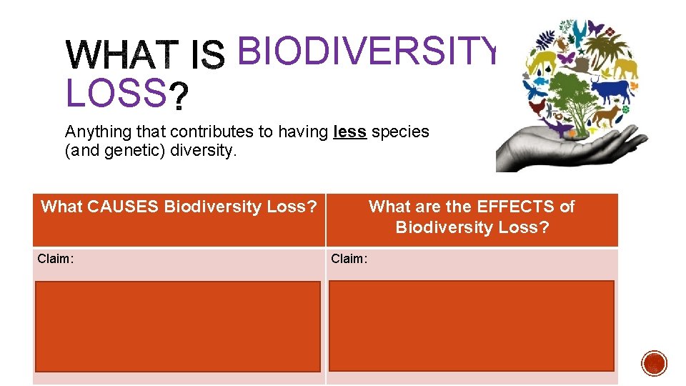 LOSS BIODIVERSITY Anything that contributes to having less species (and genetic) diversity. What CAUSES