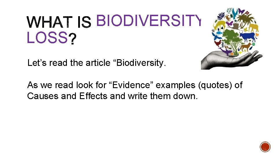 LOSS BIODIVERSITY Let’s read the article “Biodiversity. As we read look for “Evidence” examples