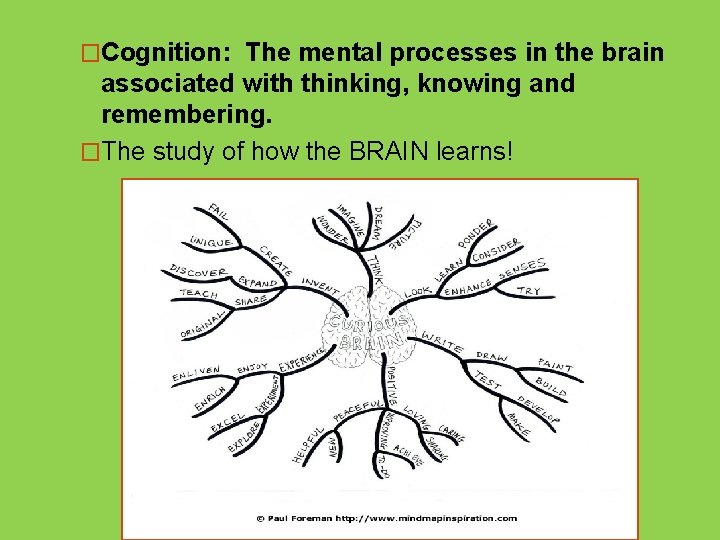 �Cognition: The mental processes in the brain associated with thinking, knowing and remembering. �The