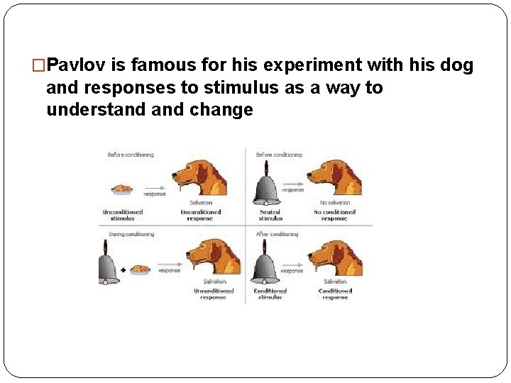 �Pavlov is famous for his experiment with his dog and responses to stimulus as