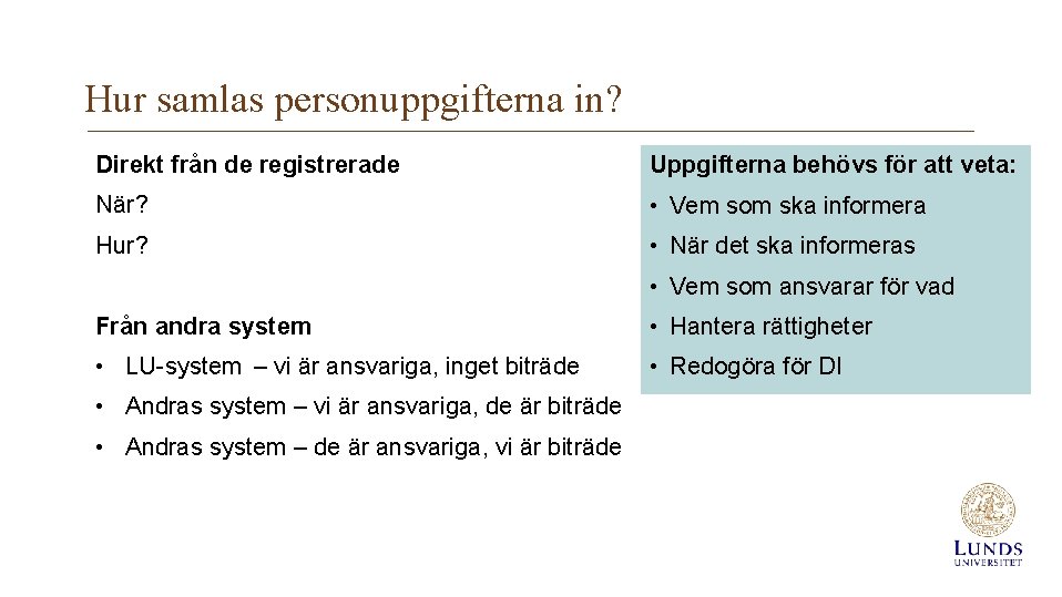 Hur samlas personuppgifterna in? Direkt från de registrerade Uppgifterna behövs för att veta: När?