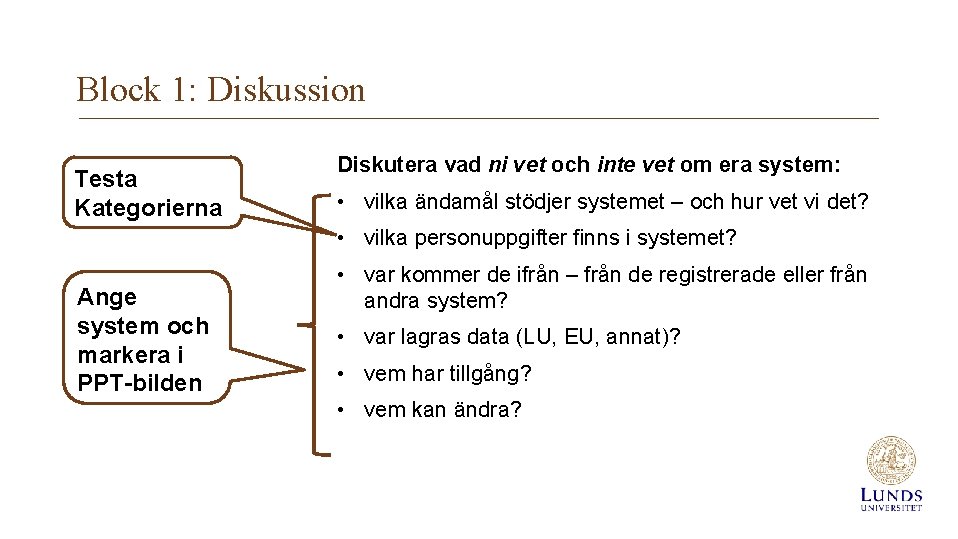 Block 1: Diskussion Testa Kategorierna Diskutera vad ni vet och inte vet om era