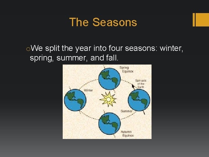 The Seasons o. We split the year into four seasons: winter, spring, summer, and