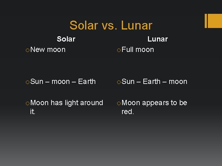Solar vs. Lunar Solar o. New moon Lunar o. Full moon o. Sun –