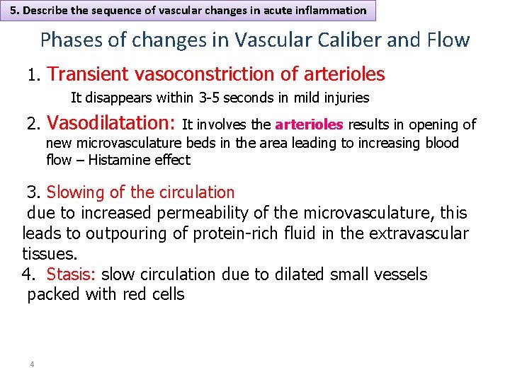 5. Describe the sequence of vascular changes in acute inflammation Phases of changes in
