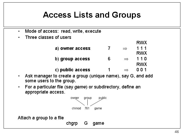 Access Lists and Groups • • Mode of access: read, write, execute Three classes