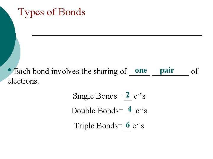 Types of Bonds one _____ pair • Each bond involves the sharing of _____
