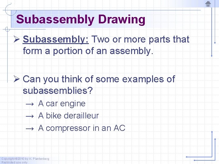Subassembly Drawing Ø Subassembly: Two or more parts that form a portion of an Subassembly Drawing Ø Subassembly: Two or more parts that form a portion of an