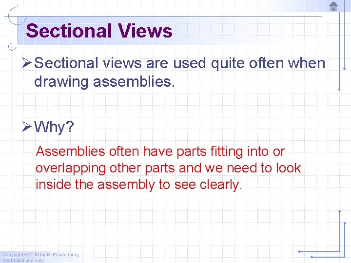 Sectional Views Ø Sectional views are used quite often when drawing assemblies. Ø Why? Sectional Views Ø Sectional views are used quite often when drawing assemblies. Ø Why?