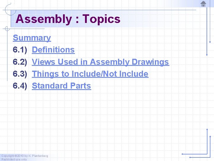Assembly : Topics Summary 6. 1) Definitions 6. 2) Views Used in Assembly Drawings Assembly : Topics Summary 6. 1) Definitions 6. 2) Views Used in Assembly Drawings