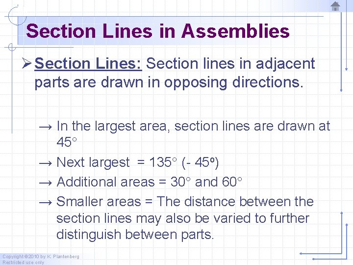 Section Lines in Assemblies Ø Section Lines: Section lines in adjacent parts are drawn Section Lines in Assemblies Ø Section Lines: Section lines in adjacent parts are drawn