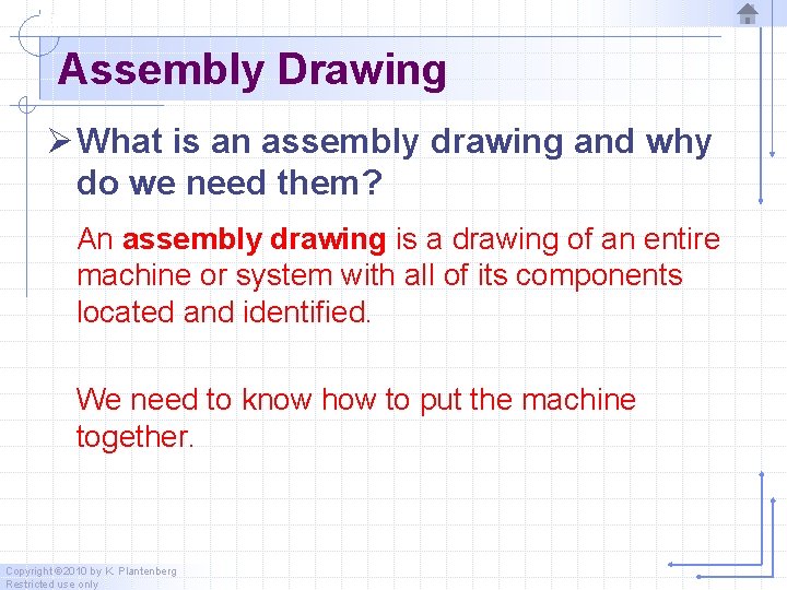 Assembly Drawing Ø What is an assembly drawing and why do we need them? Assembly Drawing Ø What is an assembly drawing and why do we need them?
