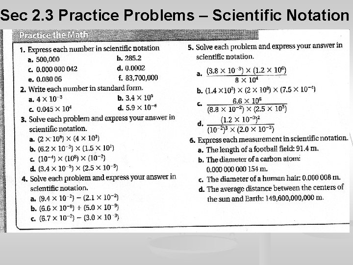 Sec 2. 3 Practice Problems – Scientific Notation 