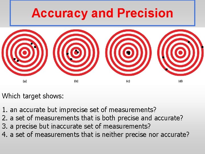 Accuracy and Precision Which target shows: 1. 2. 3. 4. an accurate but imprecise