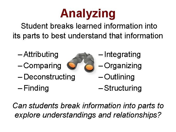 Analyzing Student breaks learned information into its parts to best understand that information –