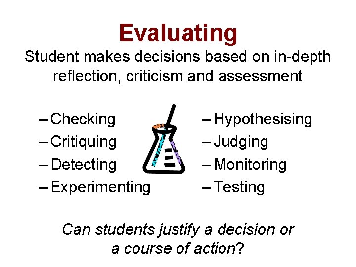 Evaluating Student makes decisions based on in-depth reflection, criticism and assessment – Checking –