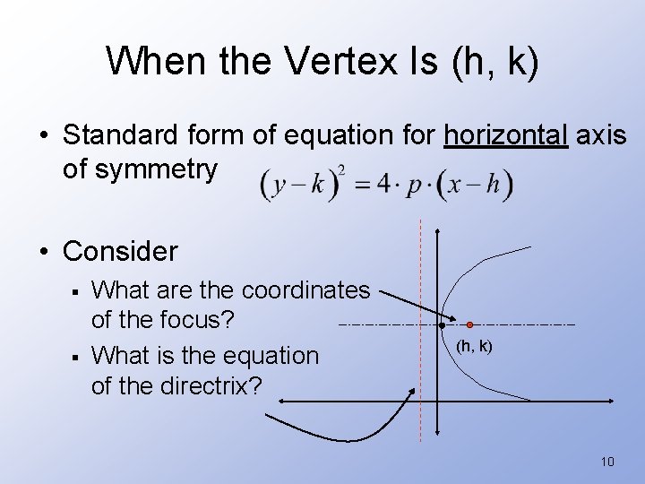 When the Vertex Is (h, k) • Standard form of equation for horizontal axis