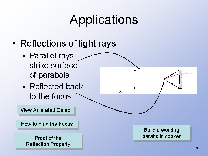 Applications • Reflections of light rays § § Parallel rays strike surface of parabola