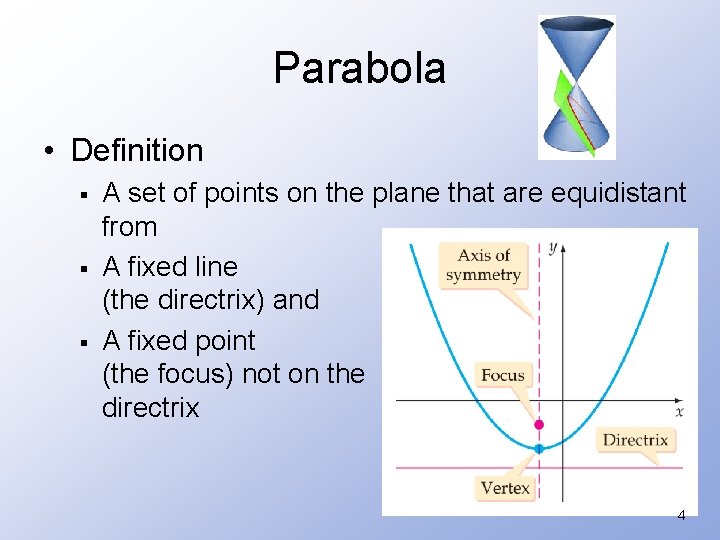 Parabola • Definition § § § A set of points on the plane that