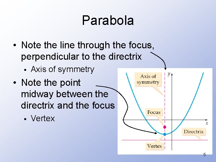Parabola • Note the line through the focus, perpendicular to the directrix § Axis