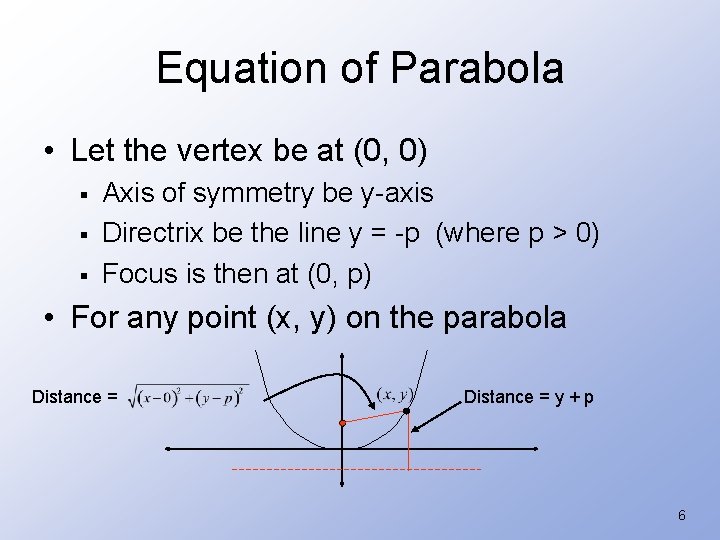 Equation of Parabola • Let the vertex be at (0, 0) § § §