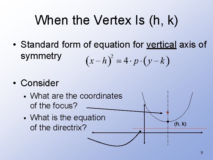 When the Vertex Is (h, k) • Standard form of equation for vertical axis