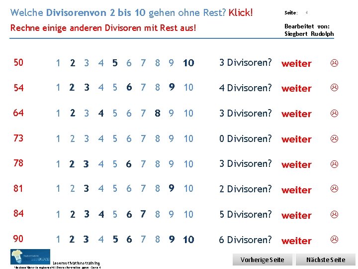 Welche Divisorenvon Übungsart: 2 bis 10 gehen ohne Rest? Klick! Rechne einige anderen Divisoren