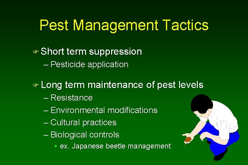 Pest Management Tactics F Short term suppression – Pesticide application F Long term maintenance