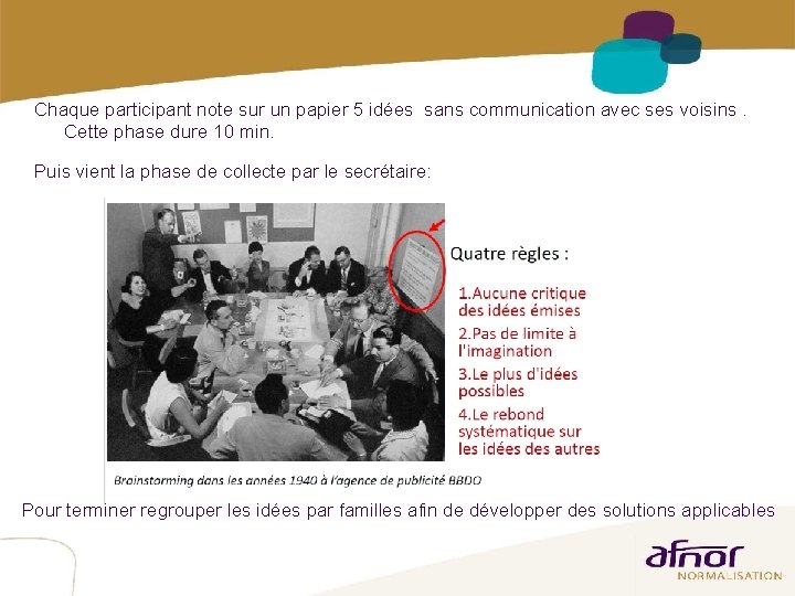 Chaque participant note sur un papier 5 idées sans communication avec ses voisins. Cette Chaque participant note sur un papier 5 idées sans communication avec ses voisins. Cette