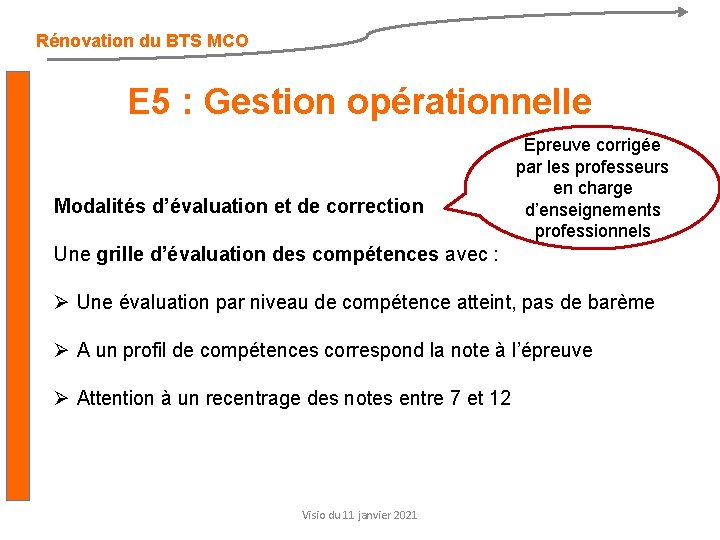 Rénovation du BTS MCO E 5 : Gestion opérationnelle Modalités d’évaluation et de correction